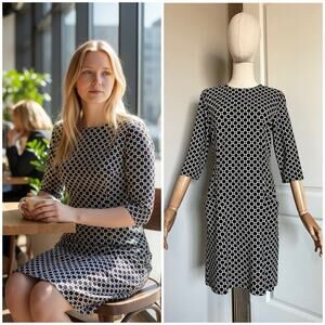 J MCLAUGHLIN Sz. M Black White honeycomb print Catalina Cloth 3/4 Sleeve Dress